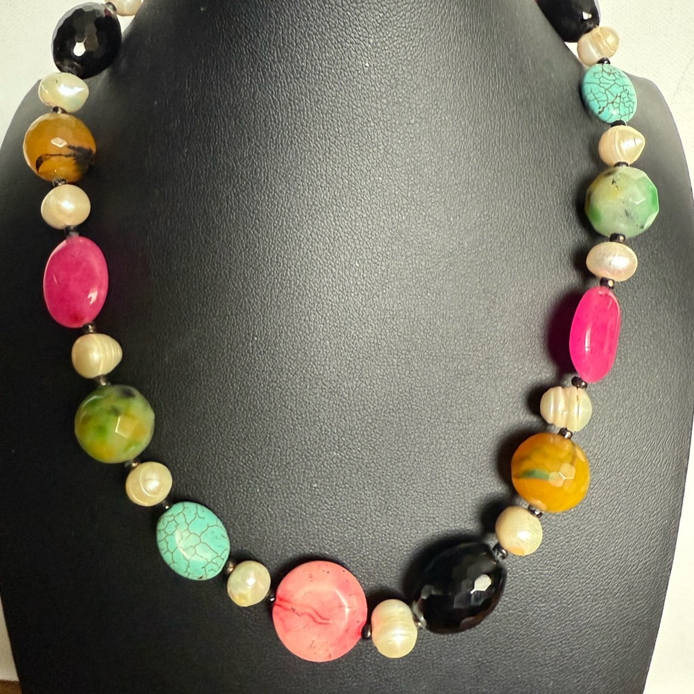 Pearl , Turquoise, Aventurine, Angel Skin Coral and Quartz 925 Necklace